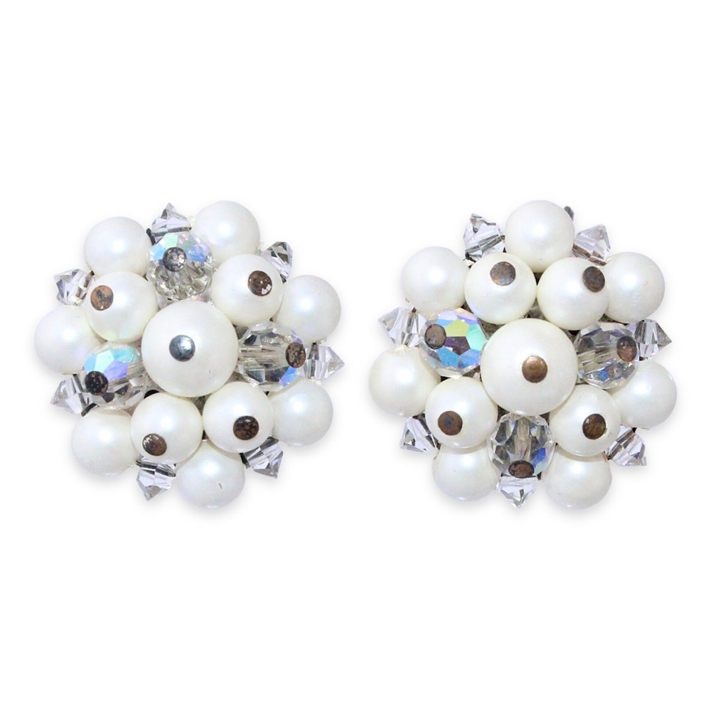 Vintage Laguna Cluster Clip On Earrings Faux Pearl Aurora Borealis Crystal Bead